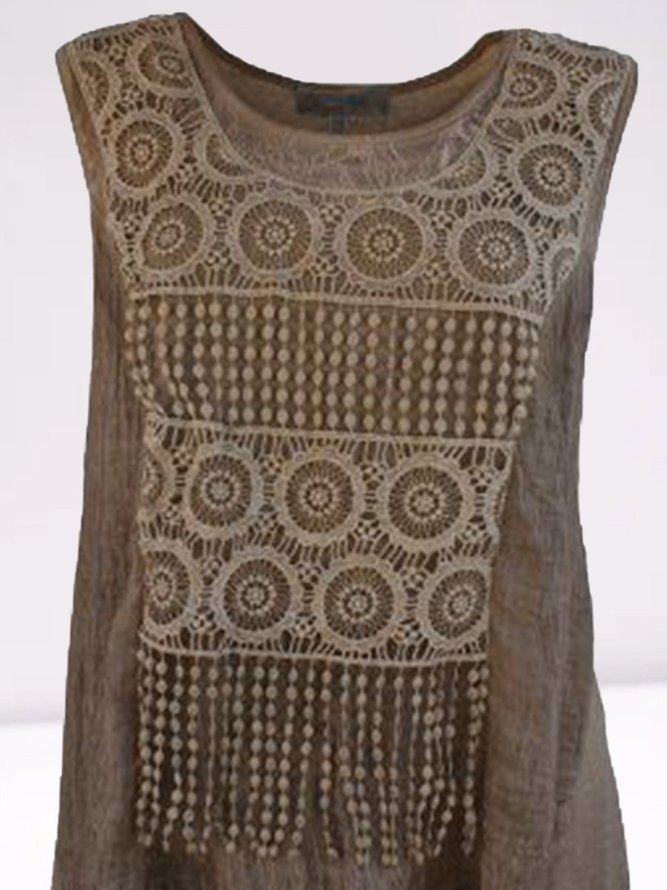 Sleeveless  Lace  Polyester  Crew Neck  Vintage Summer  Brown Top