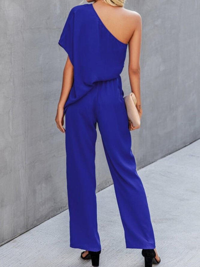 Vintage Solid Short Sleeve Off Shoulder Casual Jumpsuits