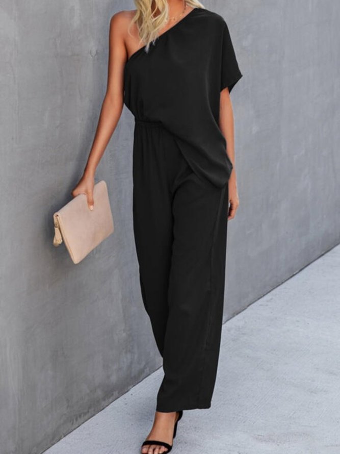 Vintage Solid Short Sleeve Off Shoulder Casual Jumpsuits