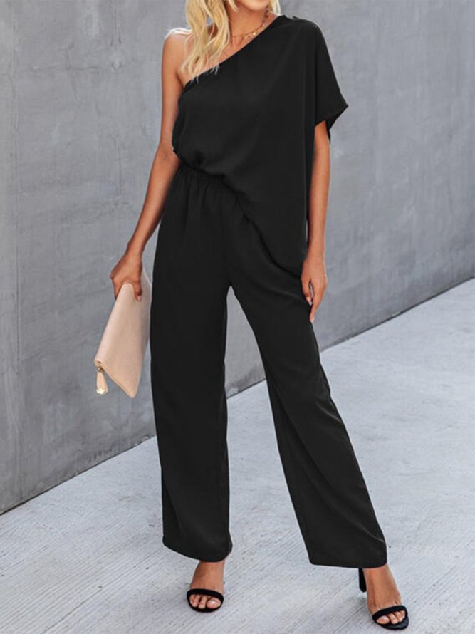 Vintage Solid Short Sleeve Off Shoulder Casual Jumpsuits
