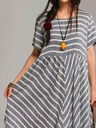 Stripes Holiday Short Sleeve Weaving Dress