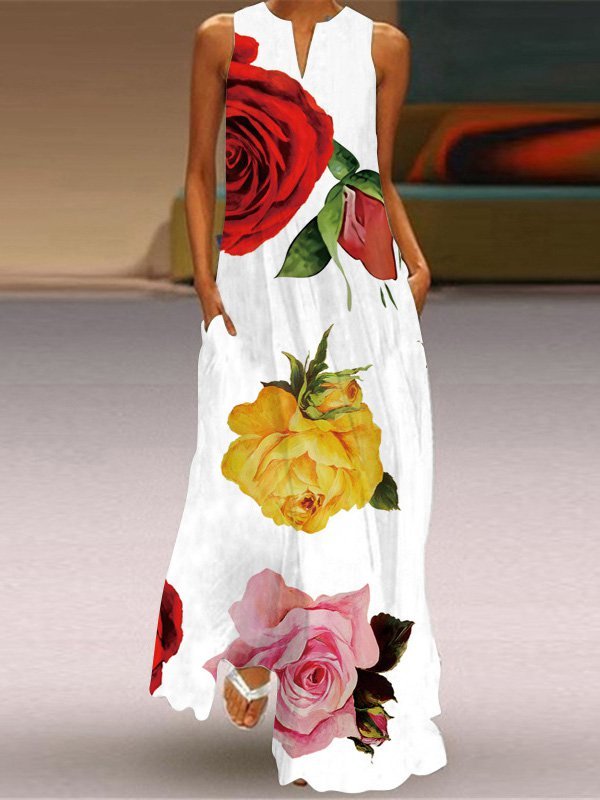 Women Summer Printed Sleeveless Casual Maxi Weaving Dress