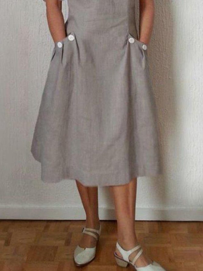 Khaki Round Neck Short Sleeve Casual Weaving Dress