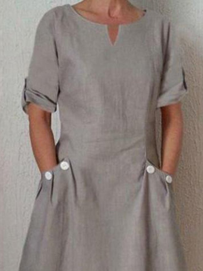 Khaki Round Neck Short Sleeve Casual Weaving Dress