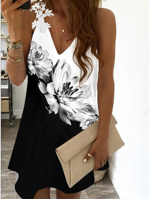 Floral-Print V neck Sleeveless Casual Knitting Dress