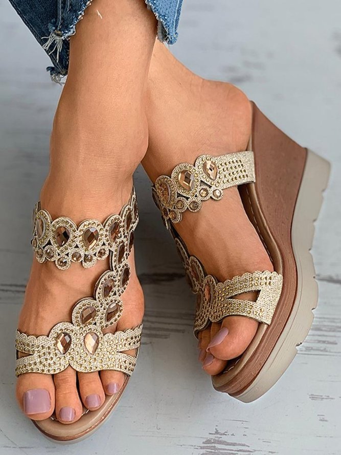 Rhinestone Cutout Wedge Sandals Slipper zolucky