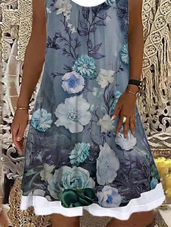 Women Casual Floral Print Round Neck Sleeveless Mini Dress(Contains lining)