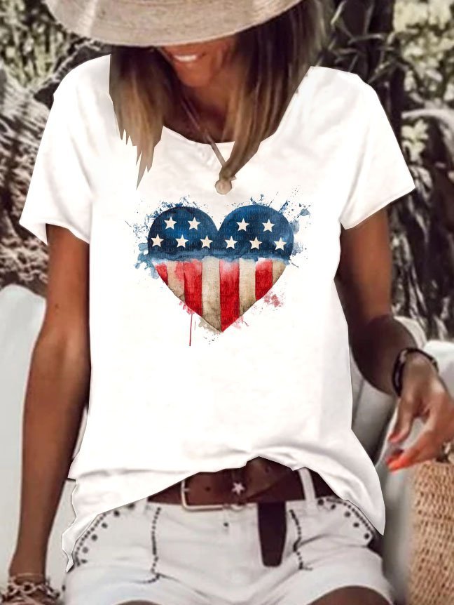 Short Sleeve Independence Day Lightweight Cotton-blend Crew Neck Daily Printed Casual Summer Beige Top With America Flag