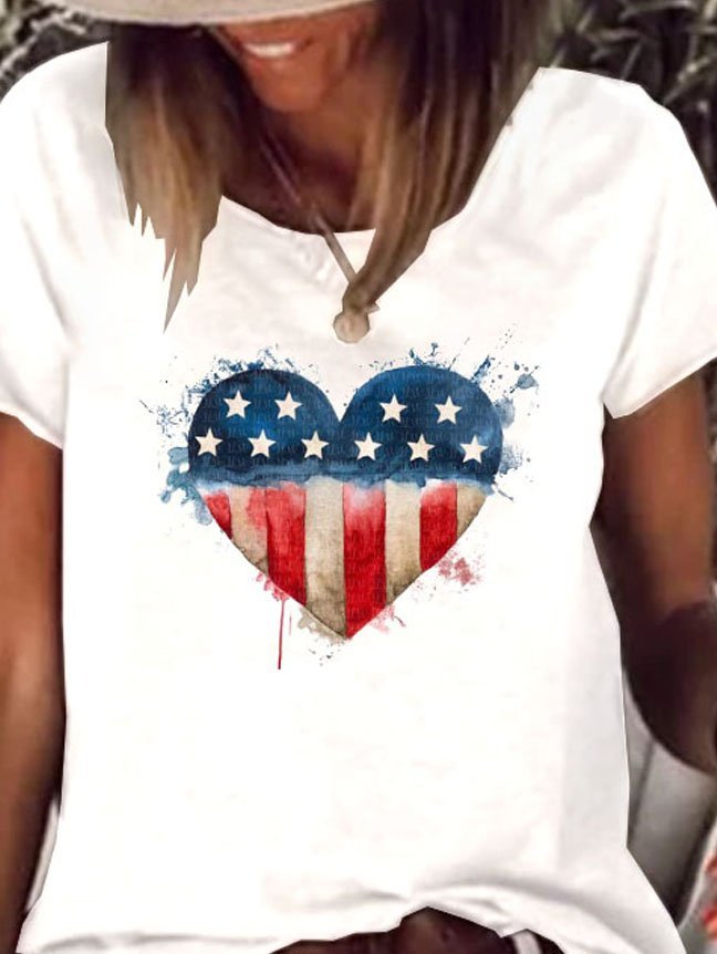 Short Sleeve Independence Day Lightweight Cotton-blend Crew Neck Daily Printed Casual Summer Beige Top With America Flag