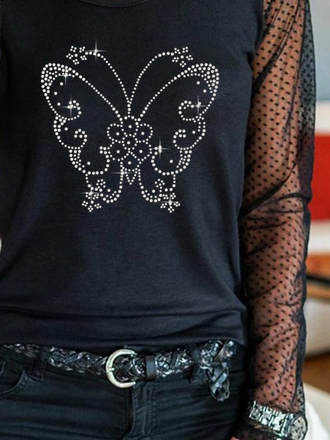 Black Butterfly Casual Party Club Lace Paneled Long Sleeve Shift Shirt & Top