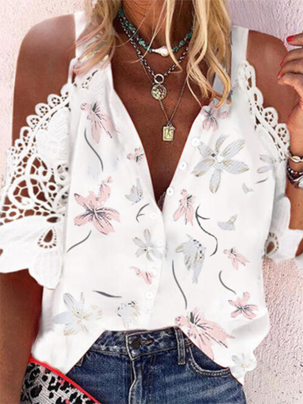 Holiday Floral-Print Short Sleeve Blouse