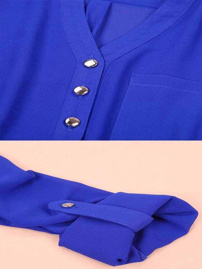Plain Pockets V Neck Long Sleeve Casual Shirt Top