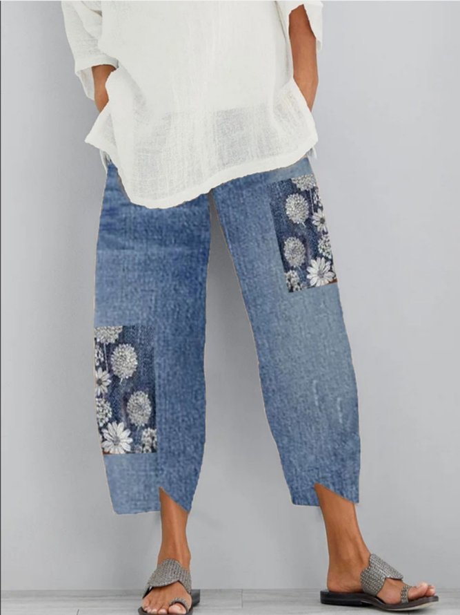 Vintage Polka Dots Floral Printed Pockets Casual Denim Jeans