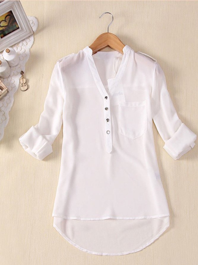 Plain Pockets V Neck Long Sleeve Casual Shirt Top