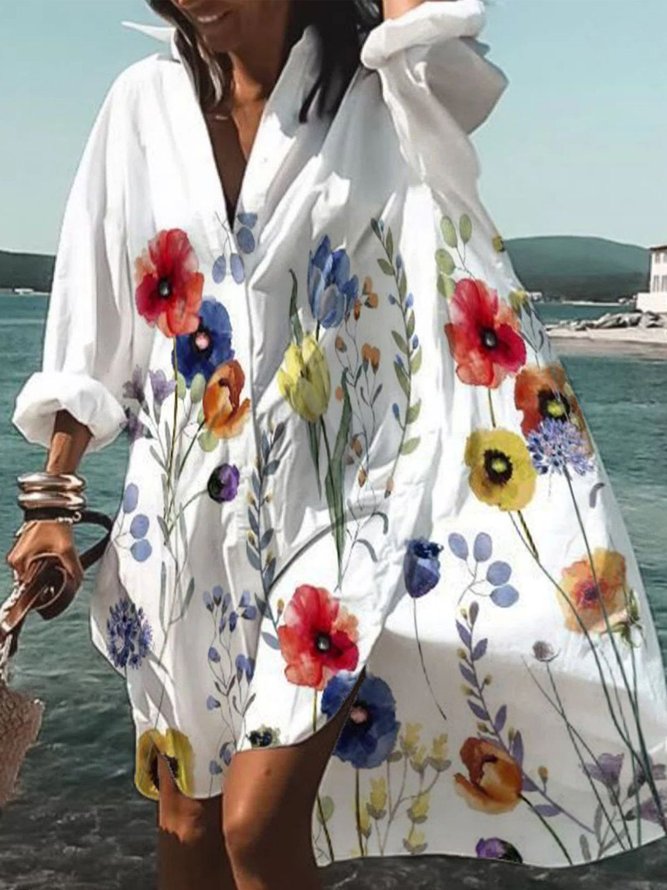 Floral Printed Shawl Collar Holiday Long Sleeve Casual Weaving Dress
