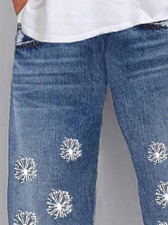 Vintage Floral Printed Pockets Plus Size Casual Denim Pants