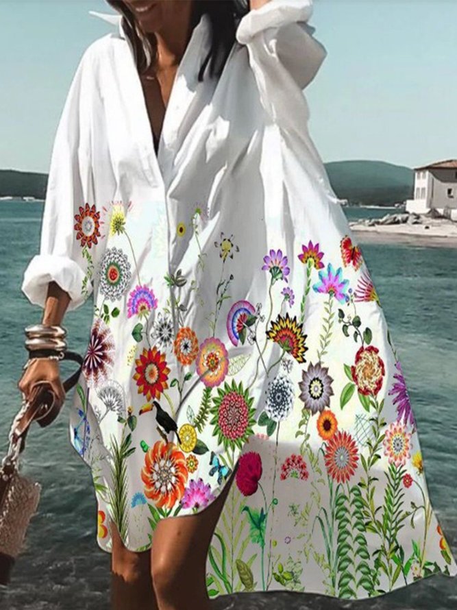 Floral Printed Shawl Collar Holiday Long Sleeve Plus Size Casual Weaving Dress