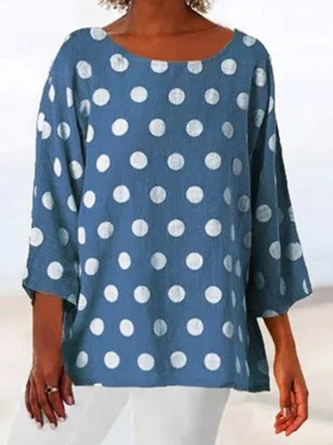 Blue Polka Dots Printed 3/4 Sleeve Casual Round Neck Shift Top