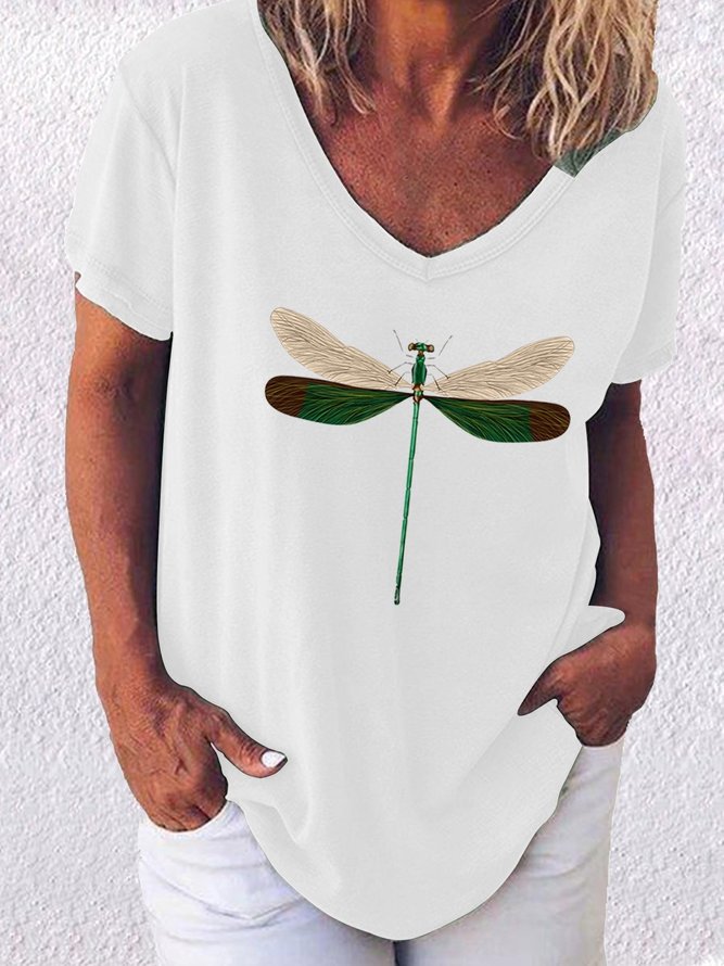 Vintage Dragonfly Printed V Neck Short Sleeve Casual Top