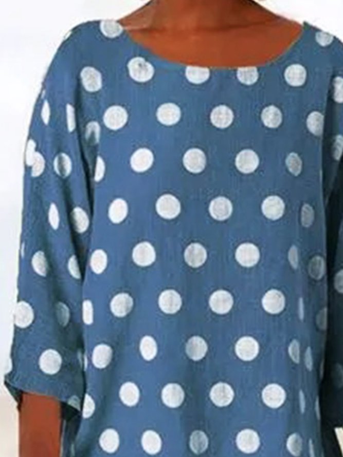 Blue Polka Dots Printed 3/4 Sleeve Casual Round Neck Shift Top
