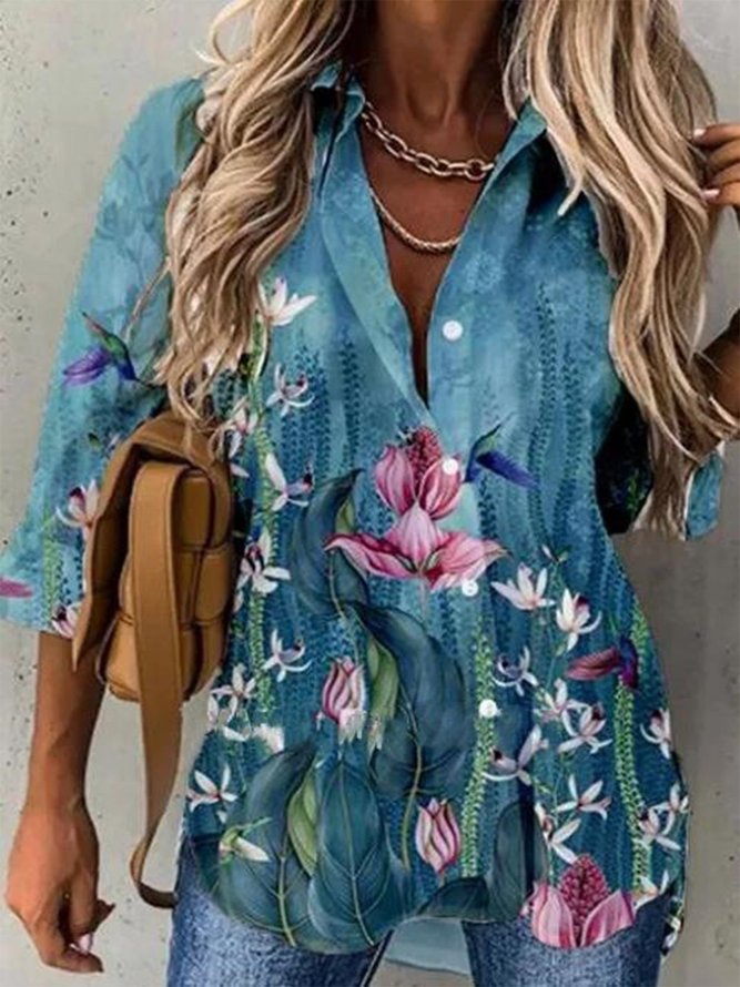 Vintage Long Sleeve Floral Printed Plus Size Casual Shirt Tops