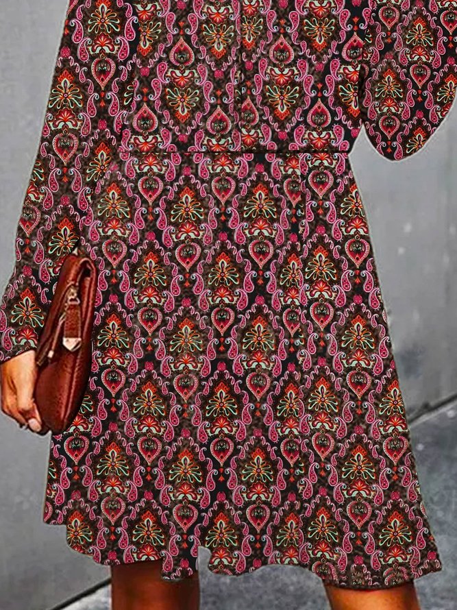 Cotton-Blend Floral-Print Long Sleeve V Neck Weaving Dress