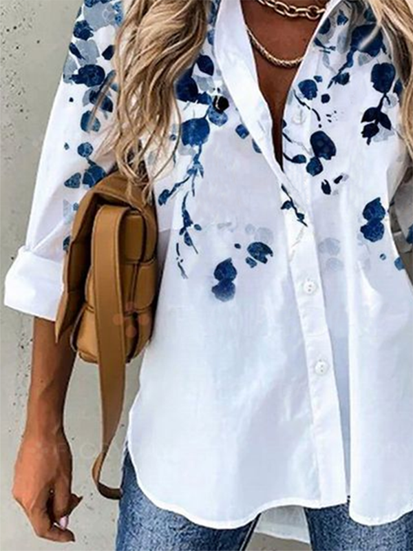 Long Sleeve Floral-Print Shirt Collar Casual Shirts & Tops