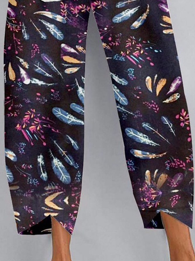 Vintage Geometric Floral Printed Pockets Casual Pants