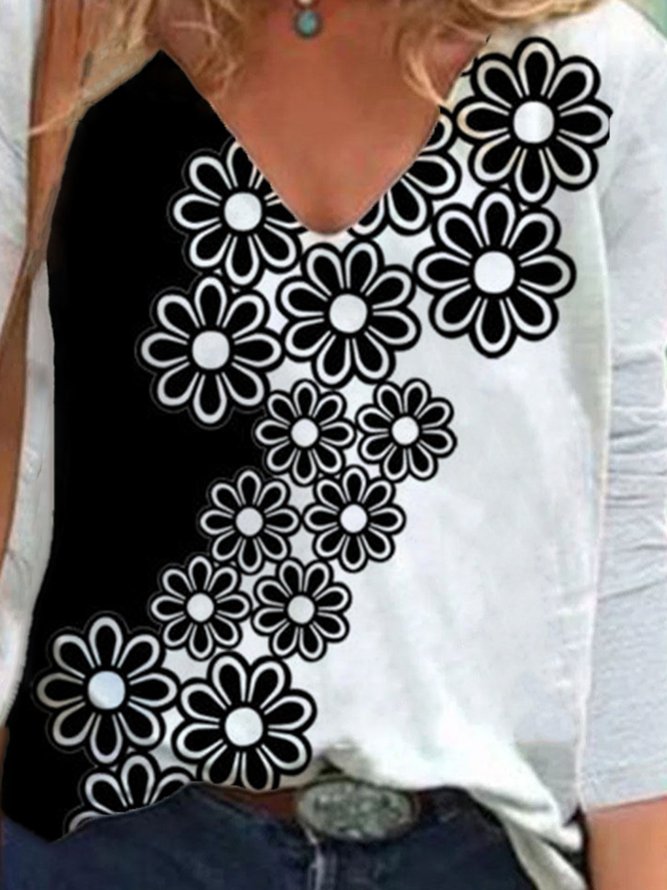 Black-white Floral Printed Long Sleeve V Neck Casual Shift Top