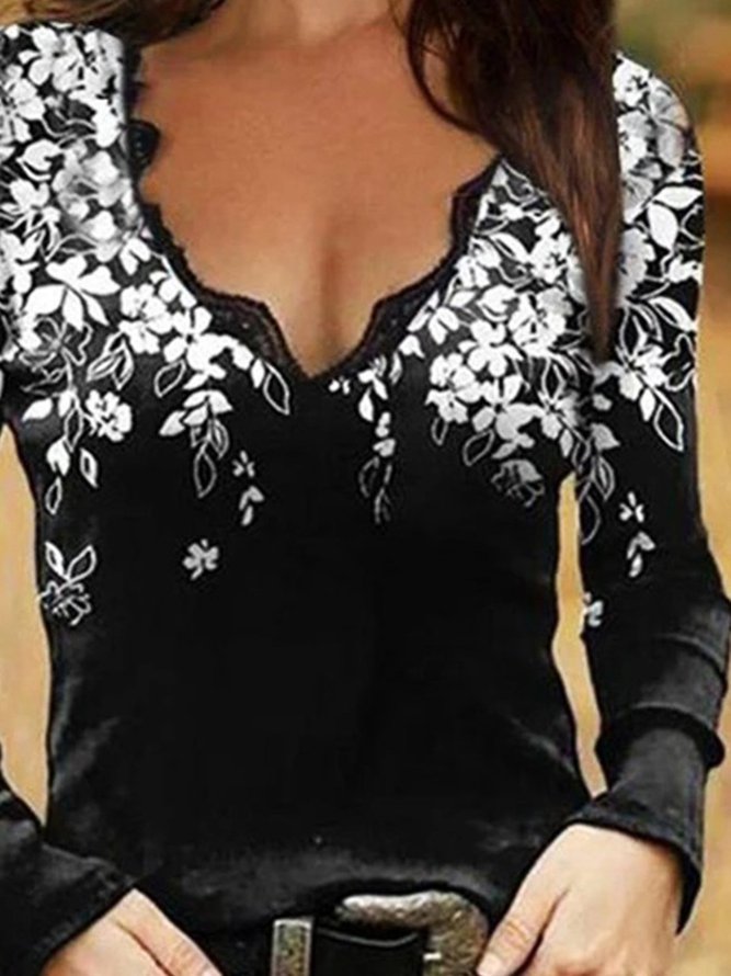 Black Floral Printed Casual V Neck Long Sleeve Sexy Top