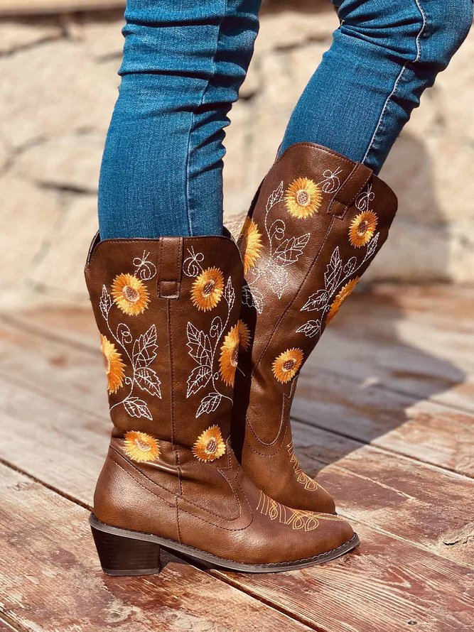 Sunflower Embroidery Western Cowboy Cowboy Boot zolucky