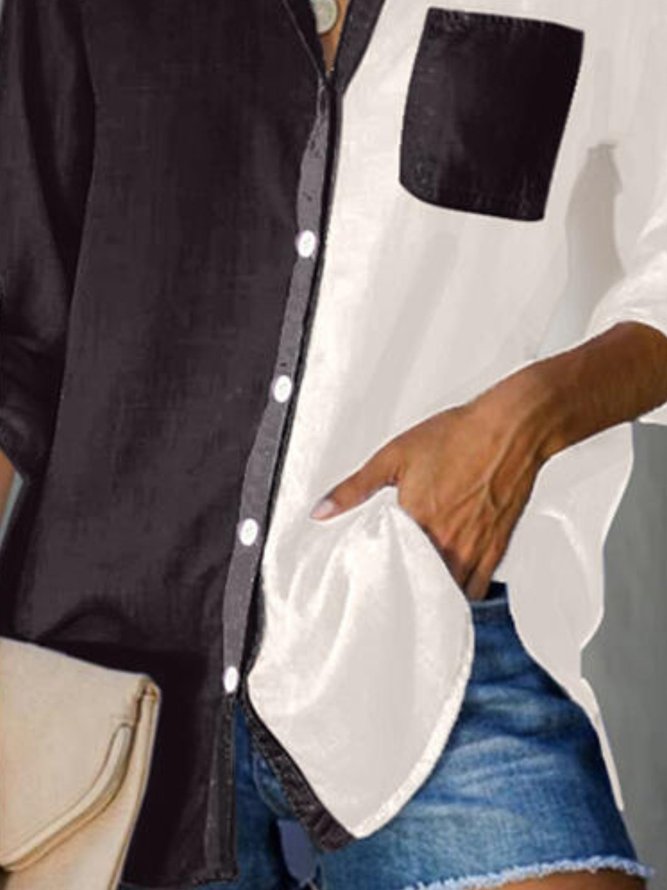 Pockets Long Sleeve V Neck Cotton-Blend Blouse