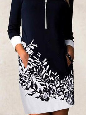 Zipper collar patchwork print long sleeve dress