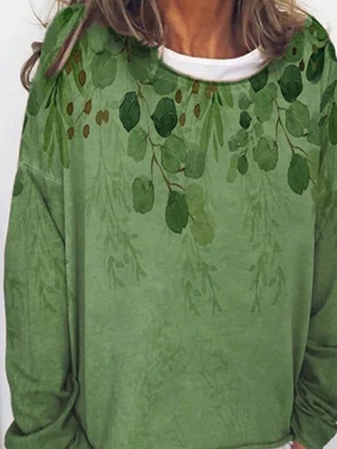 Green Leaves Printed Casual Long Sleeve Round Neck Shift Tops