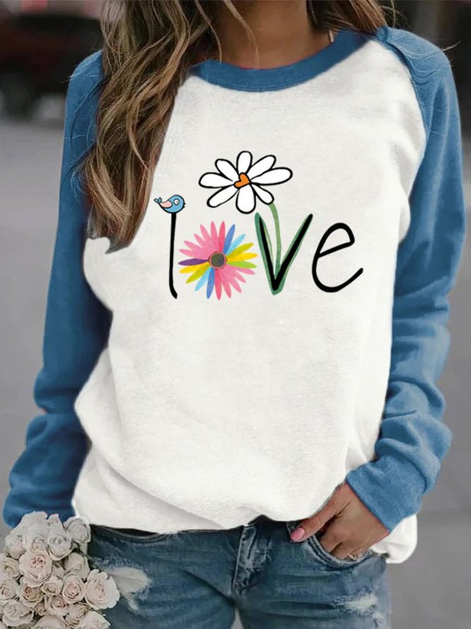 Vintage Color-block Love Floral Printed Long Sleeve Crew Neck Casual Sweatshirts