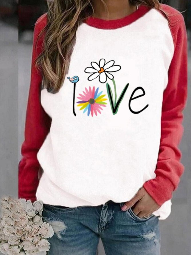 Vintage Color-block Love Floral Printed Long Sleeve Crew Neck Casual Sweatshirt