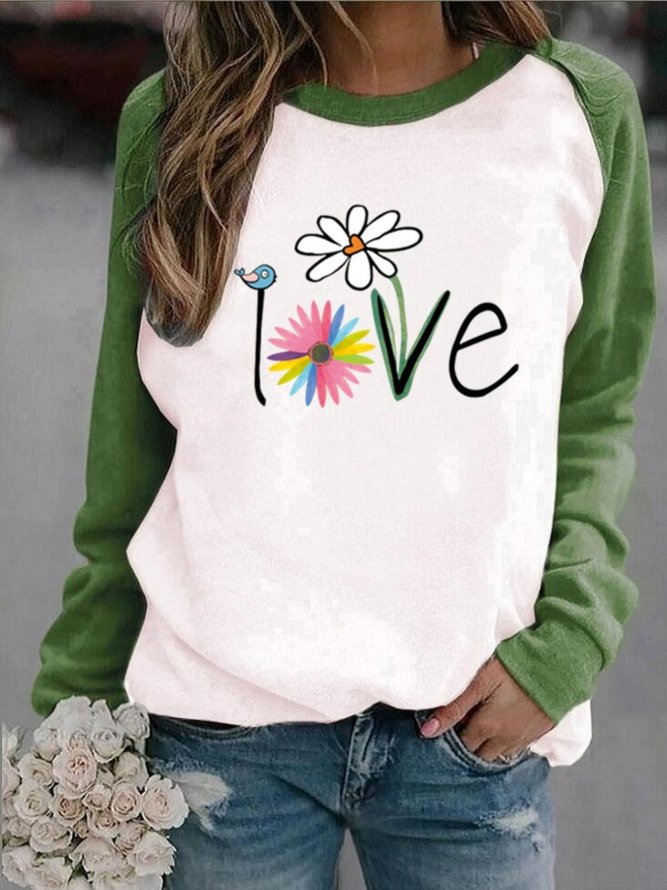 Vintage Color-block Love Floral Printed Long Sleeve Crew Neck Casual Sweatshirts