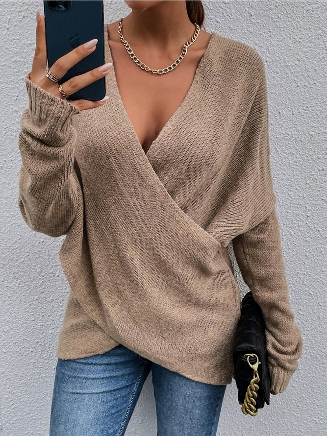 Casual Solid V neck Long Sleeve Sweater