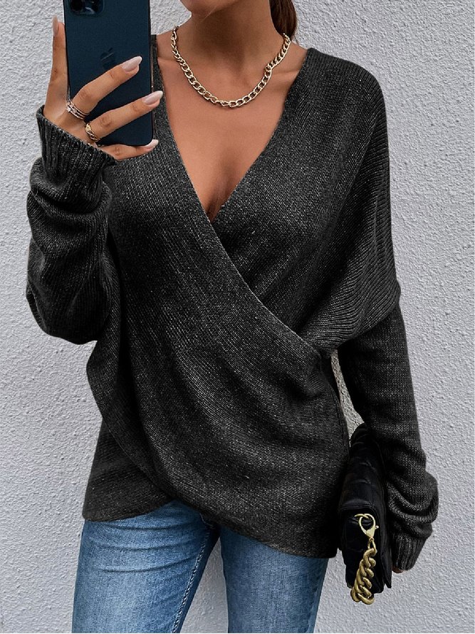 Casual Solid V neck Long Sleeve Sweater