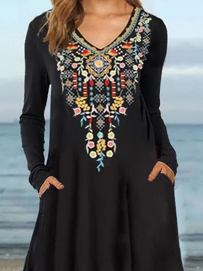 Neckline heavy craft embroidery long sleeve dress