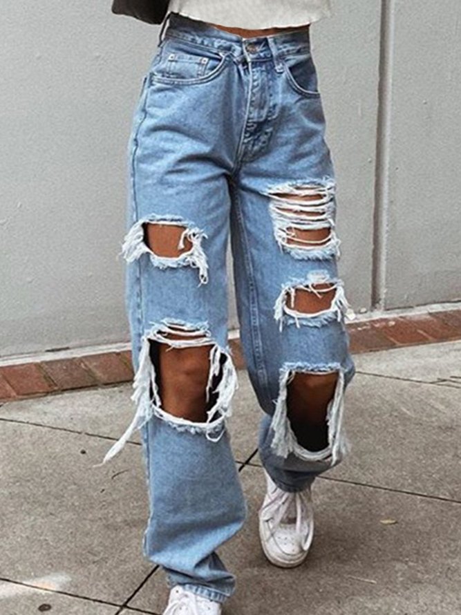 Statement Ripped Solid Pockets Plus Size Casual Denim Jeans