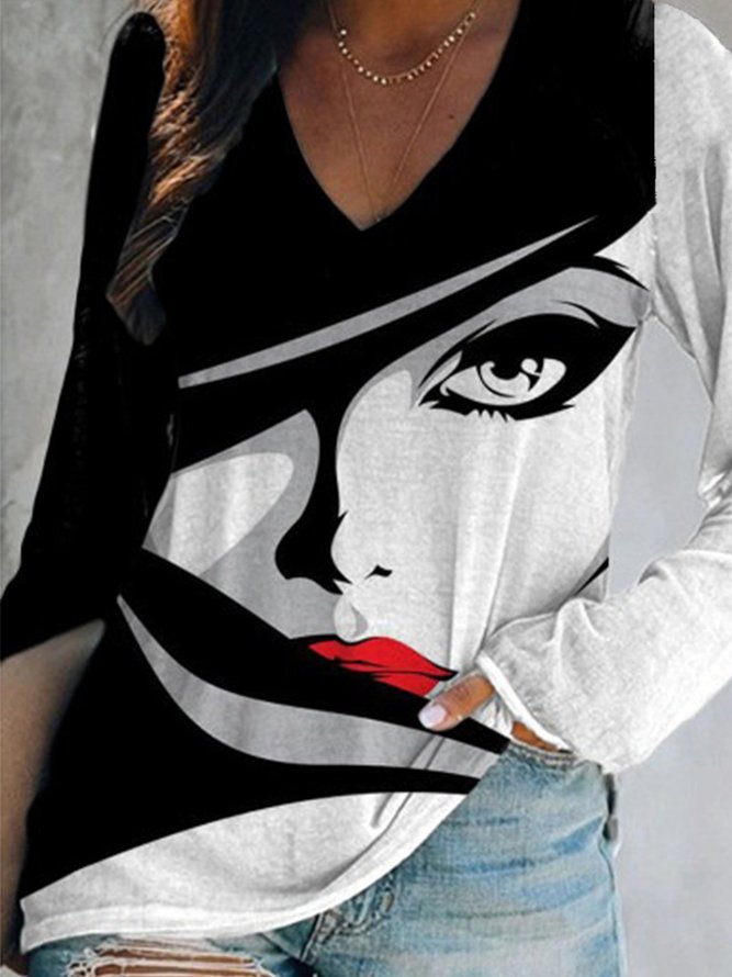 Black-white Hippie Printed Casual V Neck Long Sleeve Shift Top