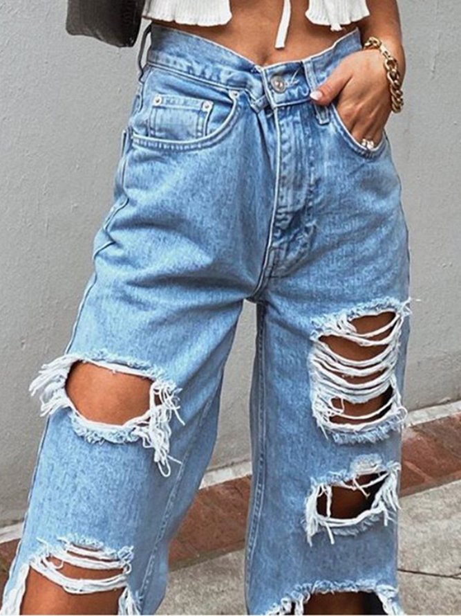 Statement Ripped Solid Pockets Plus Size Casual Denim Jeans