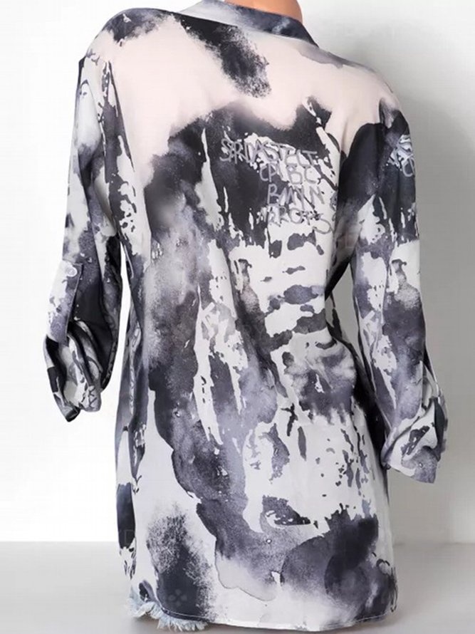 Gray Casual V Neck Ombre/Tie-Dye Printed Long Sleeve Shift Blouse