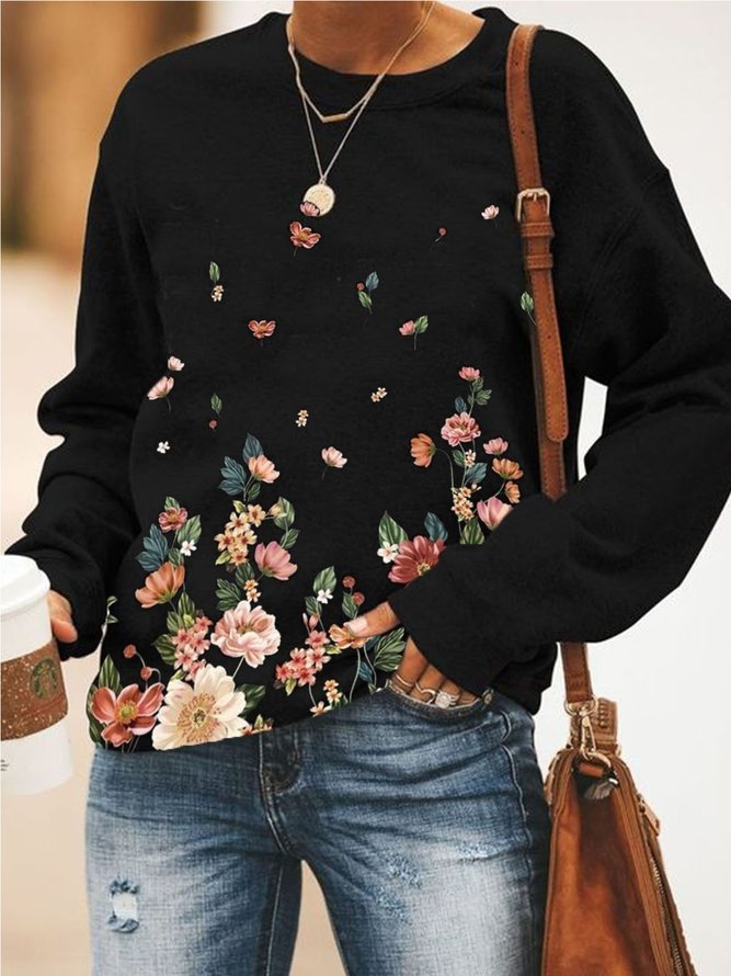 Casual Floral Crew Neck Long Sleeve Sweatshirts