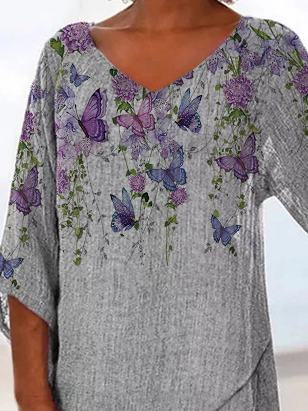 Printed Casual V Neck 3/4 Sleeve Tops