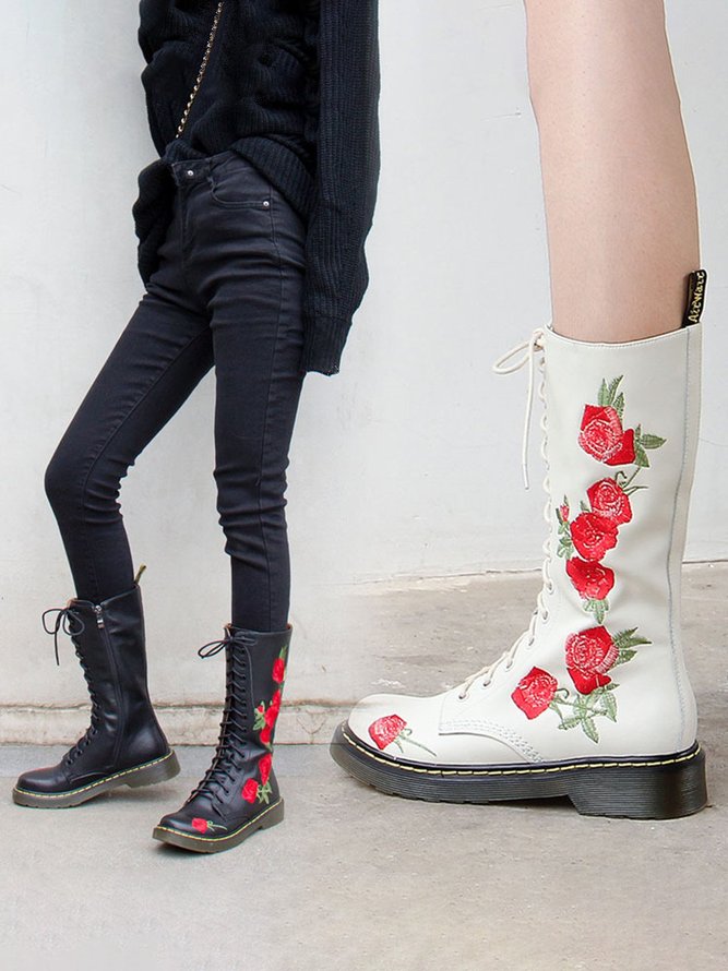 Embroidered Rose Lace-up Zipper Martin Combat Boots