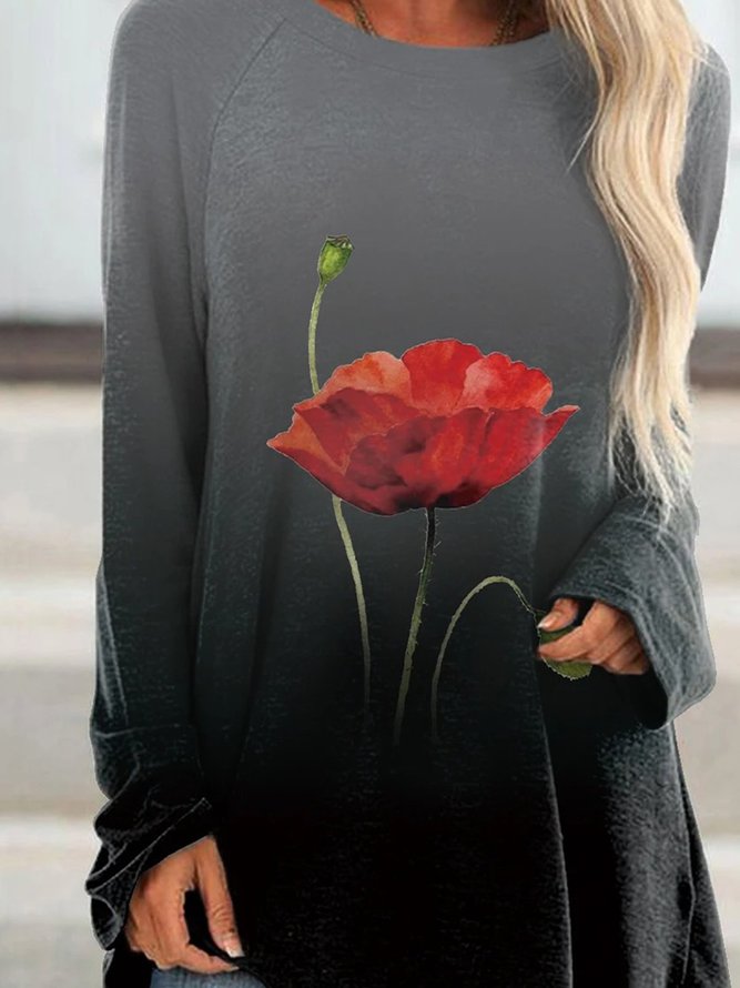 Black Floral Ombre/Tie-Dye Printed Casual Long Sleeve Round Neck Shift T-shirt