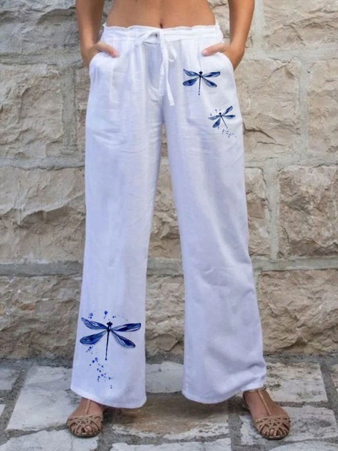 White Dragonfly Printed Casual Holiday Shift Pants
