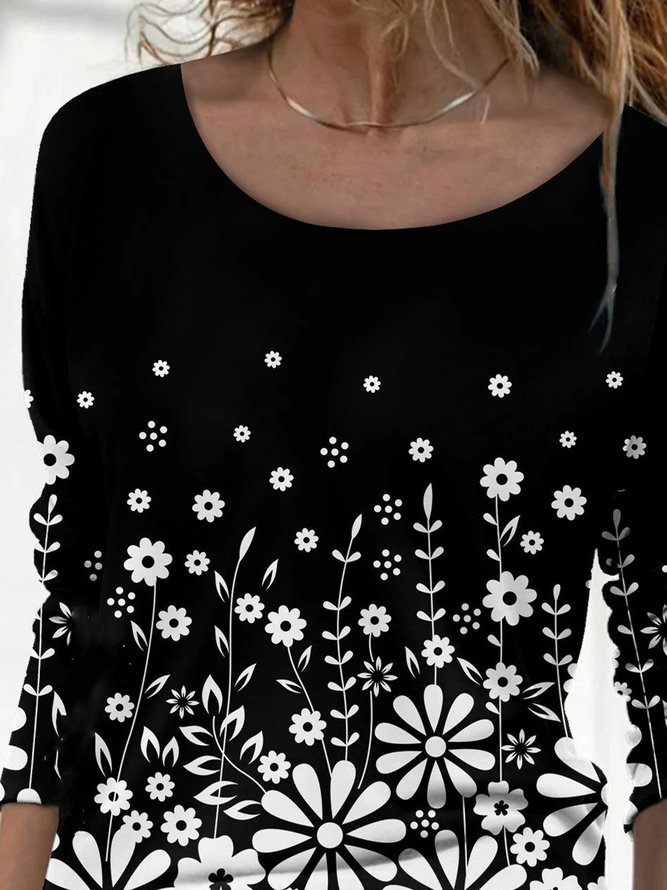 Black Floral Printed Round Neck Casual Long Sleeve Shift Tops